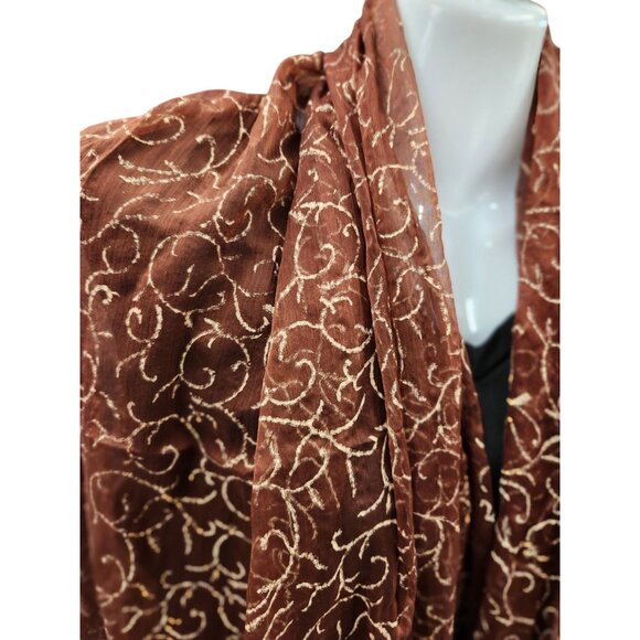 Elegant Brown Sheer Floral Scarf With Fringe Wrap Shawl Oversized 42"x82" - Picture 3 of 13